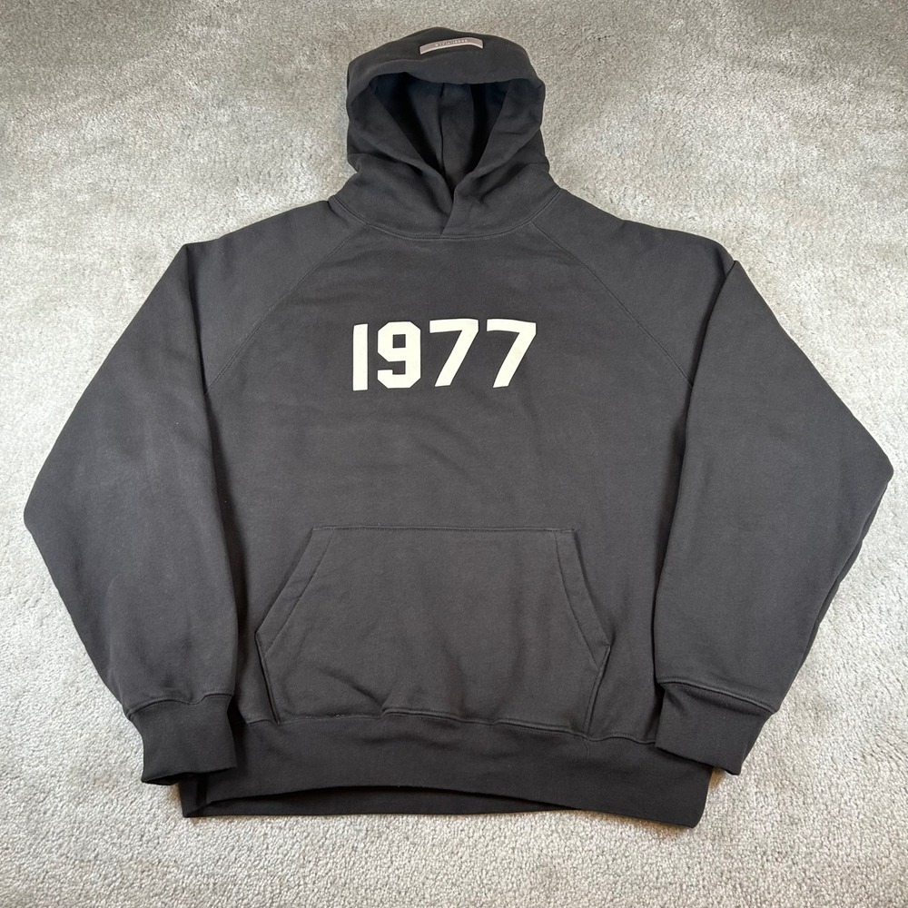 Fear of God Essentials Hoodie Mens Medium Iron 1977 Graphic Oversized Fleece Gym